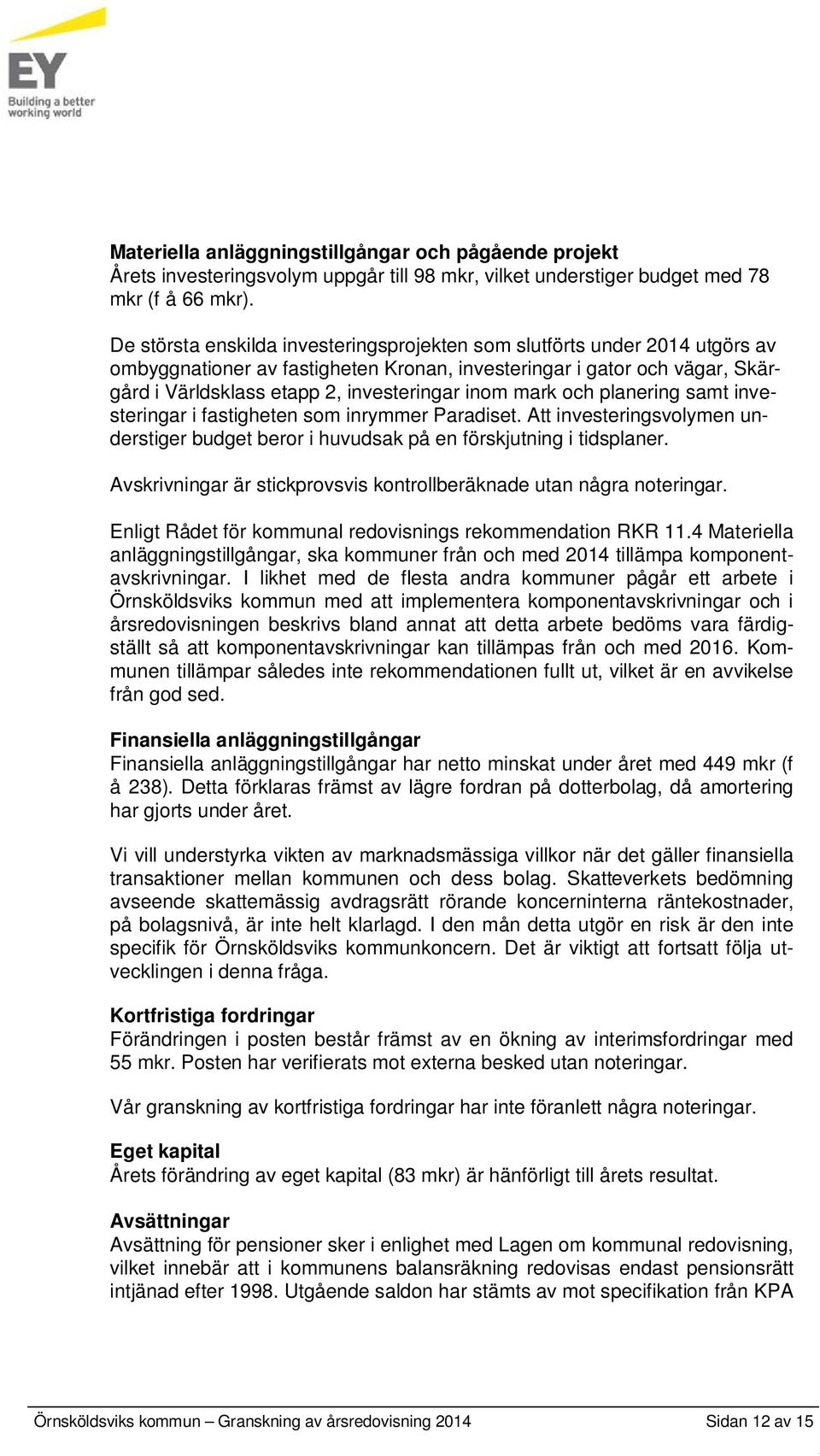 mark och planering samt investeringar i fastigheten som inrymmer Paradiset. Att investeringsvolymen understiger budget beror i huvudsak på en förskjutning i tidsplaner.