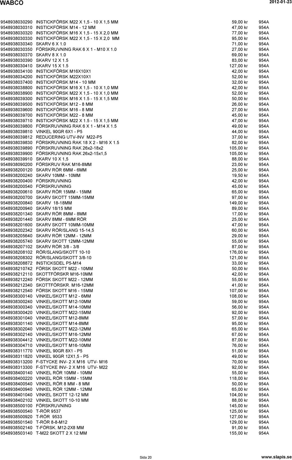 0 69,00 kr 954A 9548938030390 SKARV 12 X 1.5 83,00 kr 954A 9548938030410 SKARV 15 X 1.