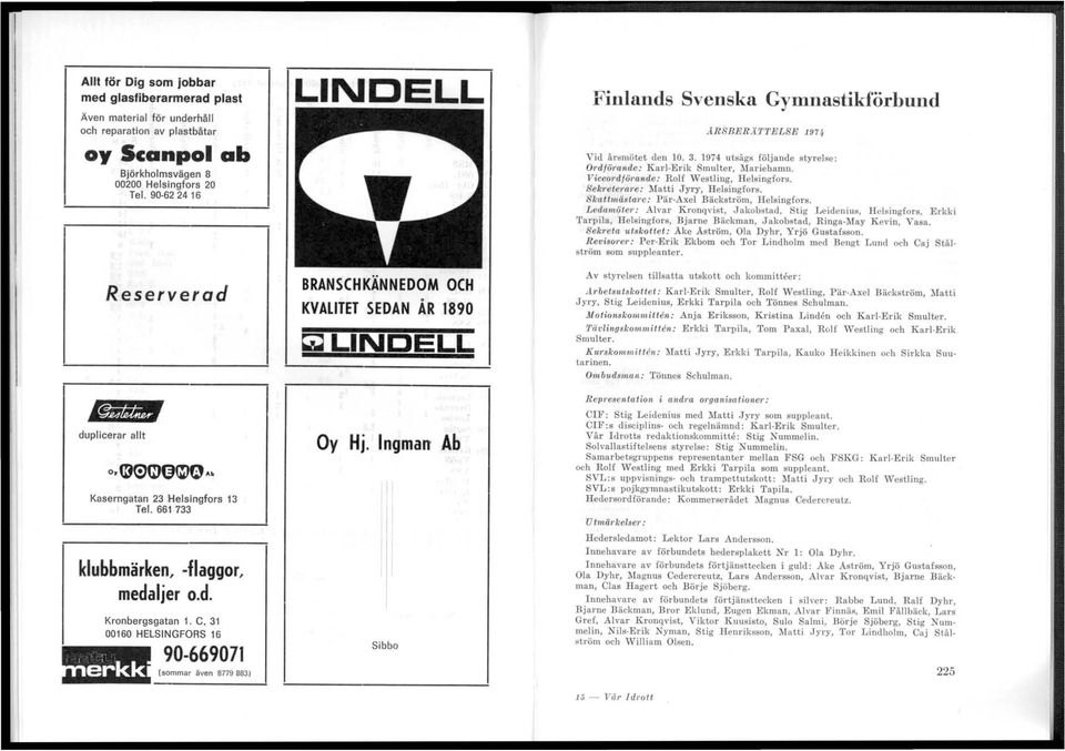 C, 31 00160 HELSINGFORS 16 90-669071 (sommar även 8779 883) LINDELL BRANSCHKÄNNEDOM OCH KVALlTET SEDAN ÅR 1890 ~LINDELL Oy Hj. Ingman Ab II I Sibbo Finlands Svenska Gymnastikförbund ÅRSBER.