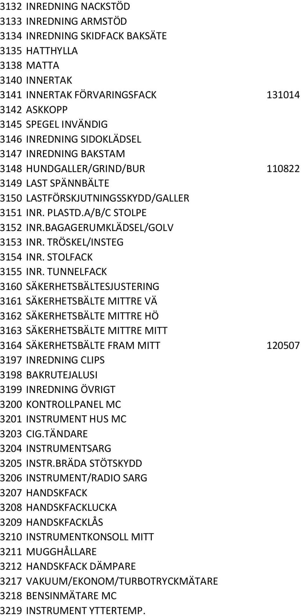 BAGAGERUMKLÄDSEL/GOLV 3153 INR. TRÖSKEL/INSTEG 3154 INR. STOLFACK 3155 INR.
