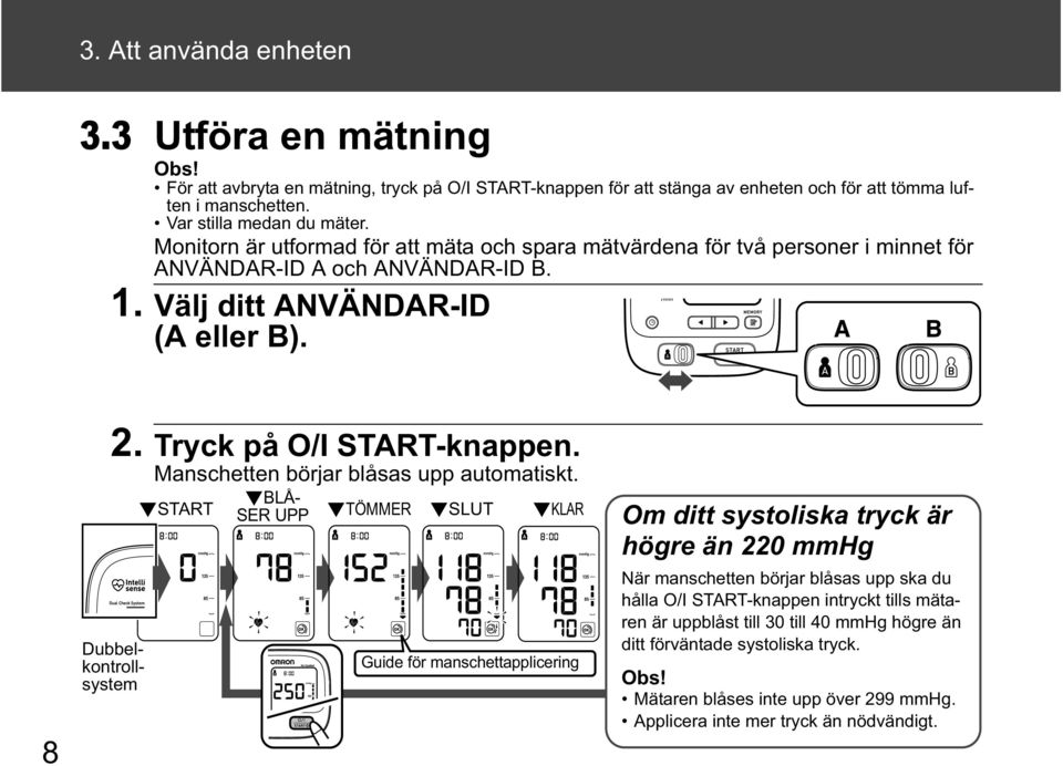 Dubbelkontrollsystem Manschetten börjar blåsas upp automatiskt.