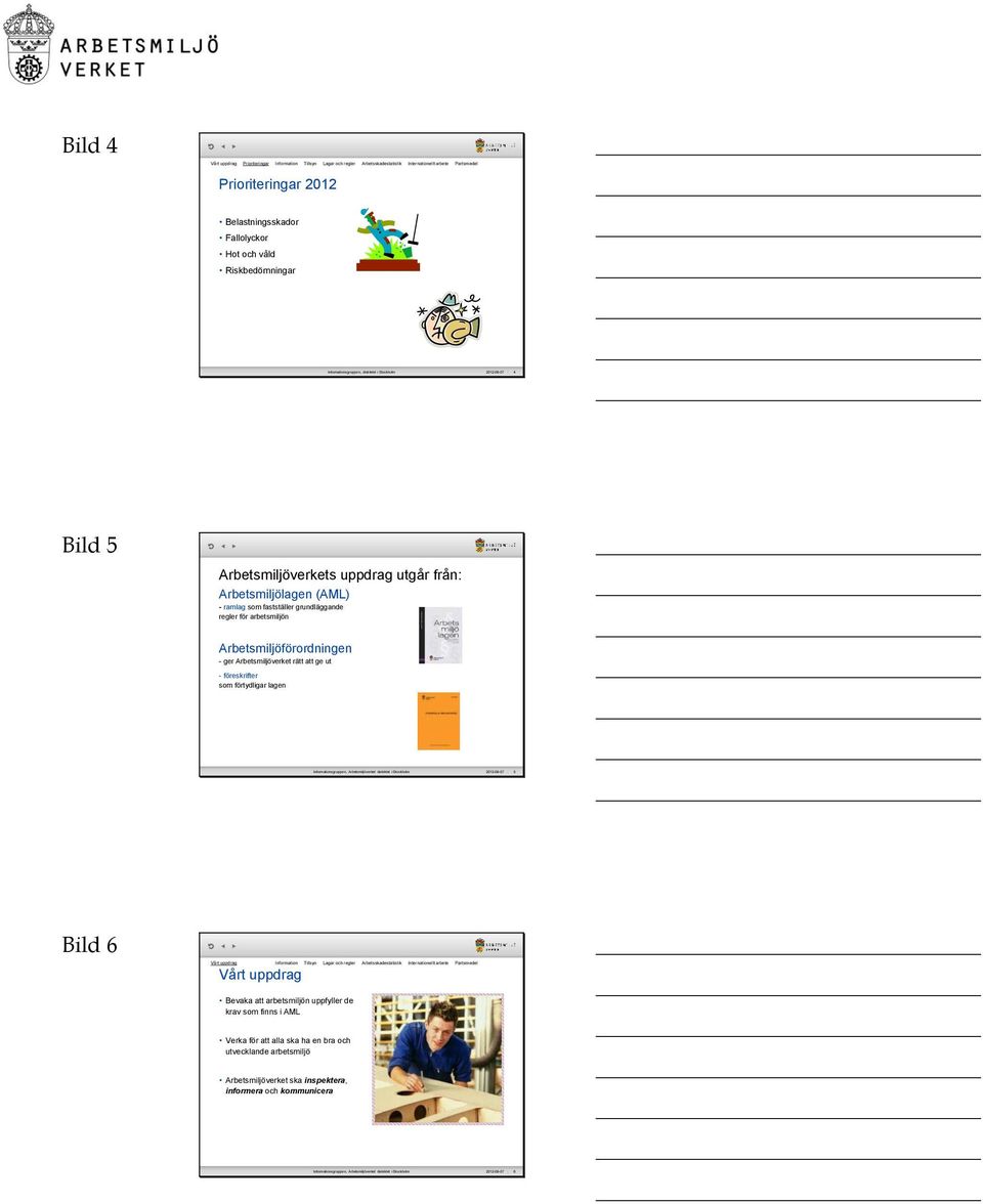 arbetsmiljön Arbetsmiljöförordningen - ger Arbetsmiljöverket rätt att ge ut - föreskrifter som förtydligar lagen Informationsgruppen, Arbetsmiljöverket distriktet i Stockholm 2012-09-07 5 Bild 6 Vårt