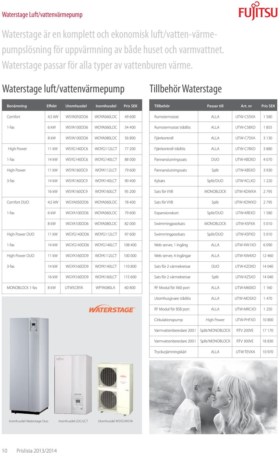 Waterstage luft/vattenvärmepump Tillbehör Waterstage Benämning Effekt Utomhusdel Inomhusdel Pris SEK Comfort 4,5 kw WSYA050DD6 WOYA060LDC 49 600 1-fas 6 kw WSYA100DD6 WOYA060LDC 54 400 8 kw