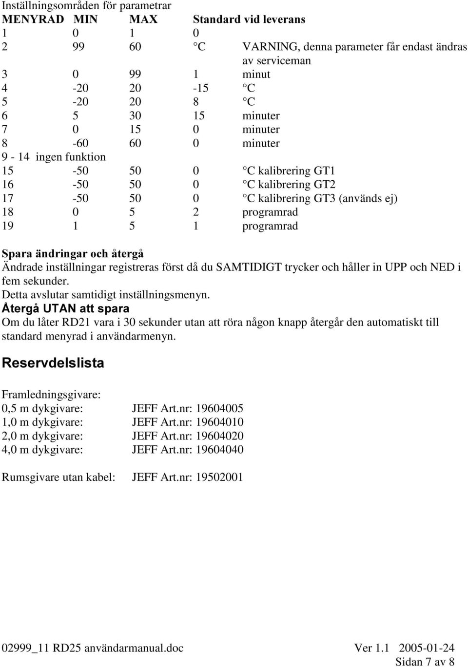 programrad 6SDUDlQGULQJDURFKnWHUJn Ändrade inställningar registreras först då du SAMTIDIGT trycker och håller in UPP och NED i fem sekunder. Detta avslutar samtidigt inställningsmenyn.