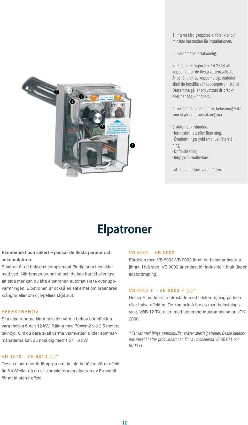 belastningsvakt som skyddar huvudsäkringarna. 5 4 5. Automatik, standard: Termostat i ett eller flera steg. Överhettningsskydd (manuell återställning). Driftindikering. Inbyggd huvudbrytare.