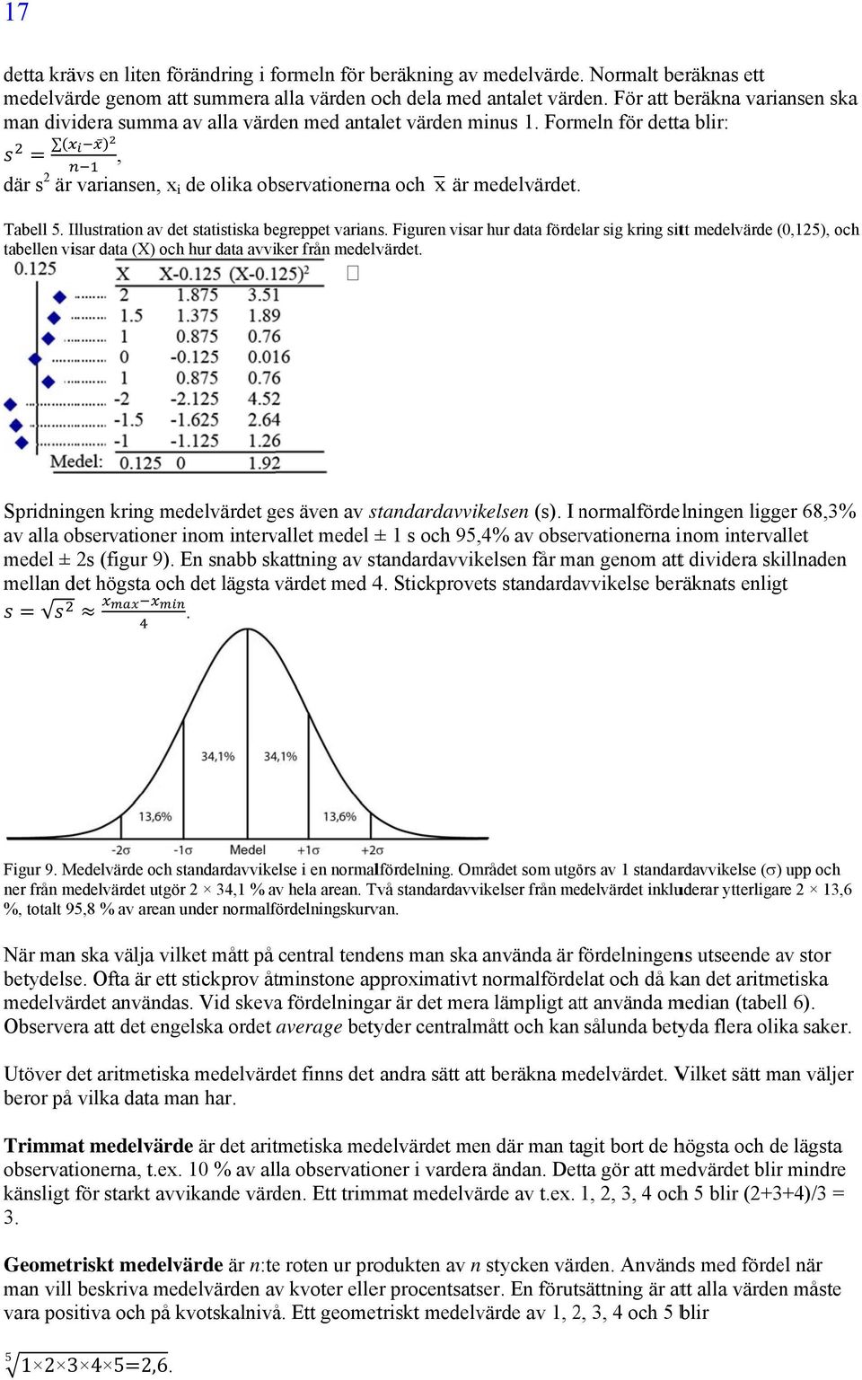 Illustration av det statistiska begreppet varians. Figuren visar hur data fördelar sig kring sitt medelvärde ( 0,125), och tabellen visar data (X) och hur data avviker från medelvärdet.