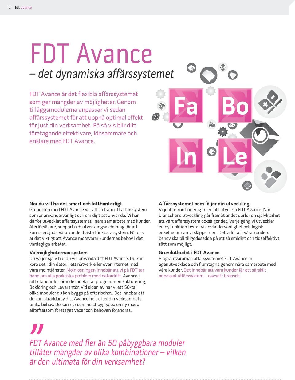 Fa In Bo Le När du vill ha det smart och lätthanterligt Grundidén med FDT Avance var att ta fram ett affärssystem som är användarvänligt och smidigt att använda.