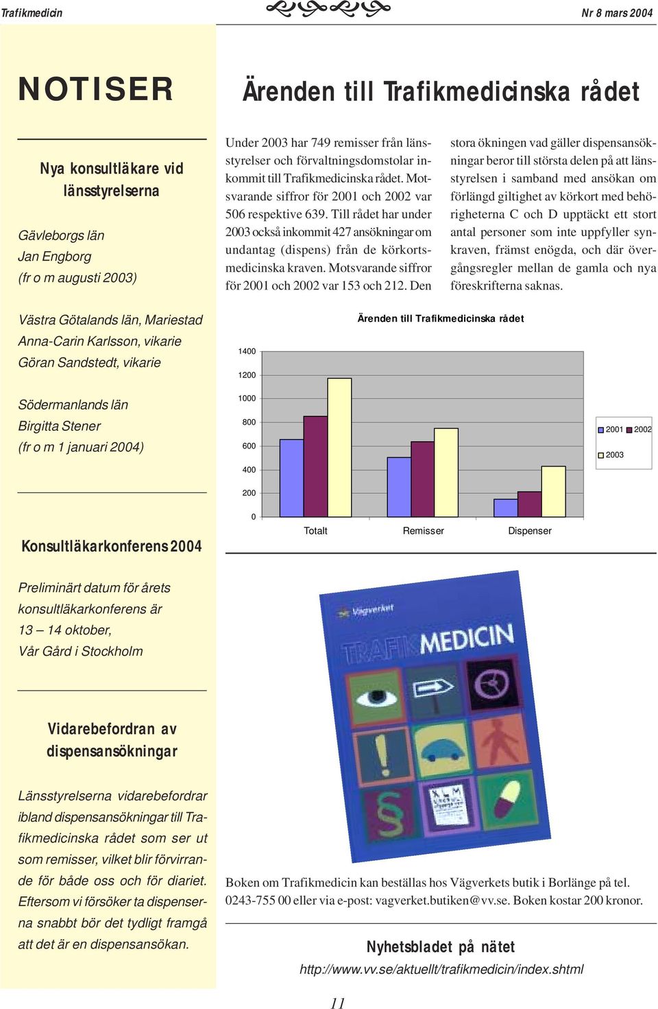 Till rådet har under 2003 också inkommit 427 ansökningar om undantag (dispens) från de körkortsmedicinska kraven. Motsvarande siffror för 2001 och 2002 var 153 och 212.