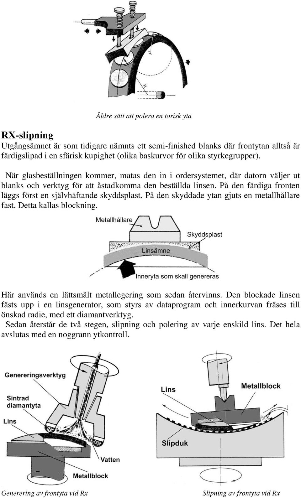 På den färdiga fronten läggs först en självhäftande skyddsplast. På den skyddade ytan gjuts en metallhållare fast. Detta kallas blockning. Här används en lättsmält metallegering som sedan återvinns.