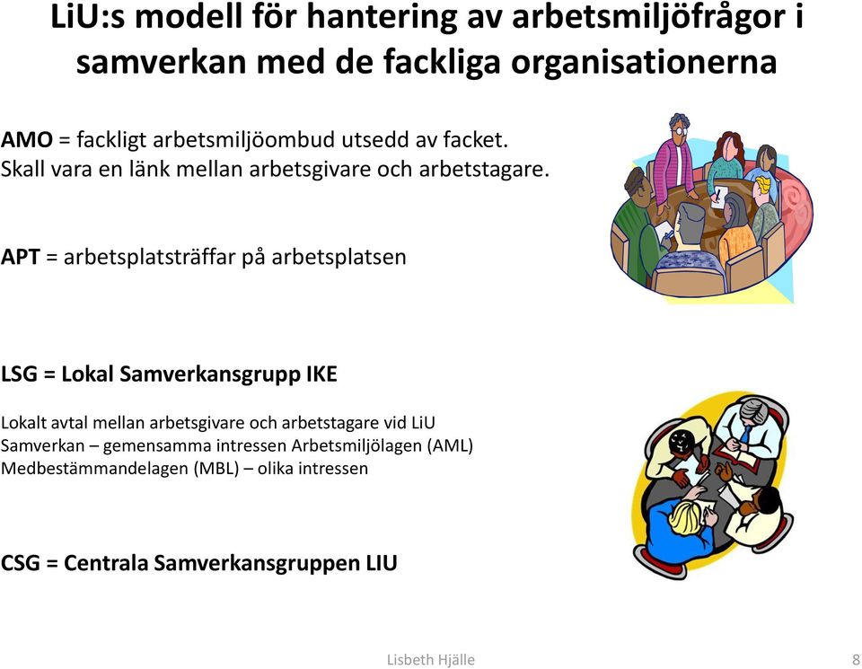 APT = arbetsplatsträffar på arbetsplatsen LSG = Lokal Samverkansgrupp IKE Lokalt avtal mellan arbetsgivare och