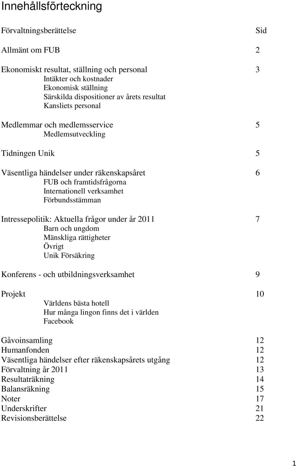 Intressepolitik: Aktuella frågor under år 2011 7 Barn och ungdom Mänskliga rättigheter Övrigt Unik Försäkring Konferens - och utbildningsverksamhet 9 Projekt 10 Världens bästa hotell Hur många lingon