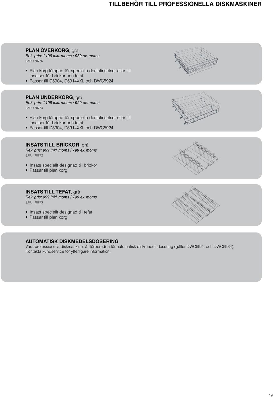 moms / 959 ex. moms SAP: 470774 Plan korg lämpad för speciella dentalinsatser eller till insatser för brickor och tefat Passar till D5904, D5914XXL och DWC5924 INSATS TILL BRICKOR, grå Rek.