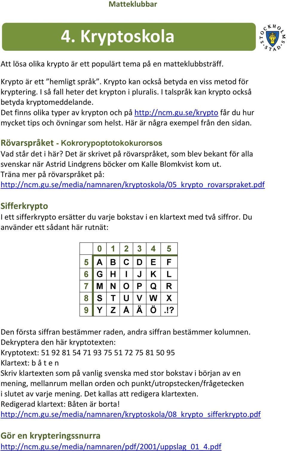 se/krypto får du hur mycket tips och övningar som helst. Här är några exempel från den sidan. Rövarspråket - Kokrorypoptotokokurorsos Vad står det i här?