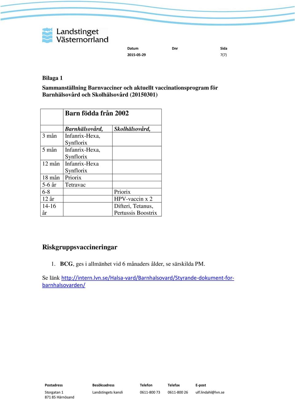 mån Priorix 5-6 år Tetravac 6-8 Priorix 12 år HPV-vaccin x 2 14-16 Difteri, Tetanus, år Pertussis Boostrix Riskgruppsvaccineringar 1.