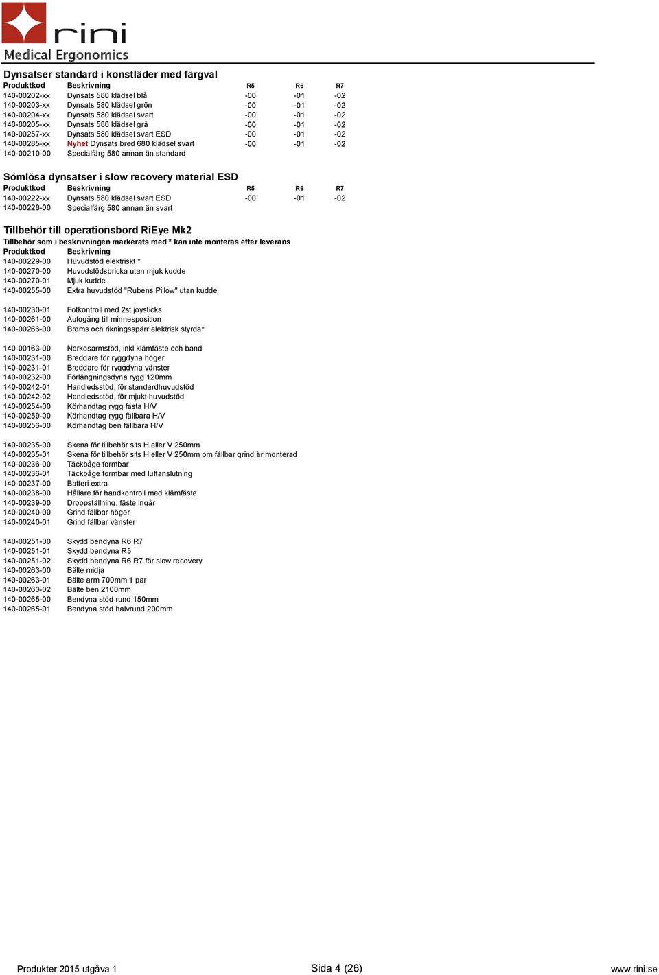 än standard Sömlösa dynsatser i slow recovery material ESD R5 R6 R7 140-00222-xx Dynsats 580 klädsel svart ESD -00-01 -02 140-00228-00 Specialfärg 580 annan än svart Tillbehör till operationsbord