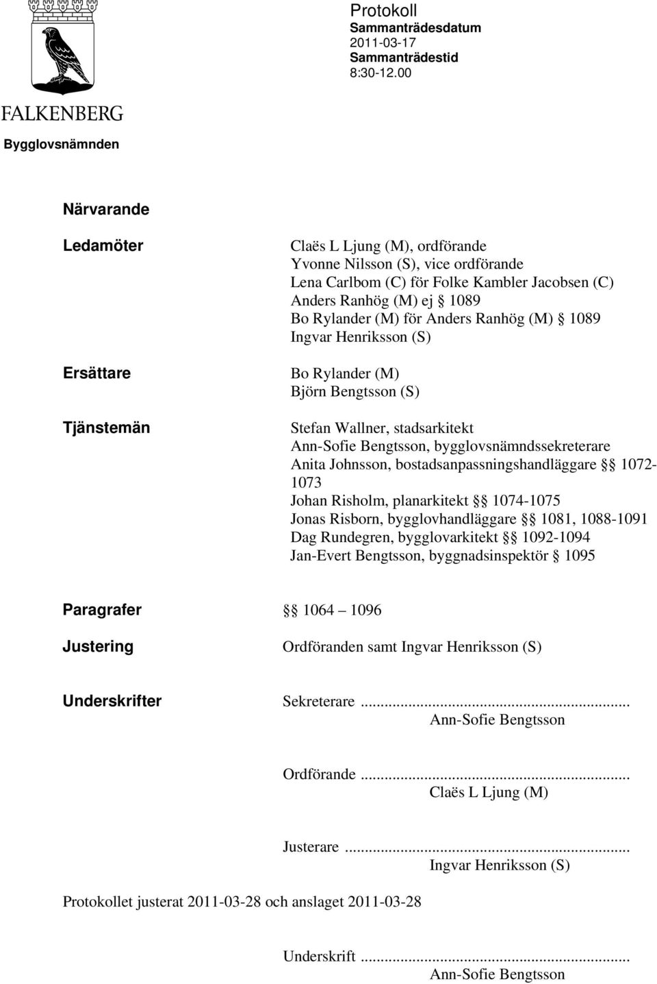 1089 Bo Rylander (M) för Anders Ranhög (M) 1089 Ingvar Henriksson (S) Bo Rylander (M) Björn Bengtsson (S) Stefan Wallner, stadsarkitekt Ann-Sofie Bengtsson, bygglovsnämndssekreterare Anita Johnsson,