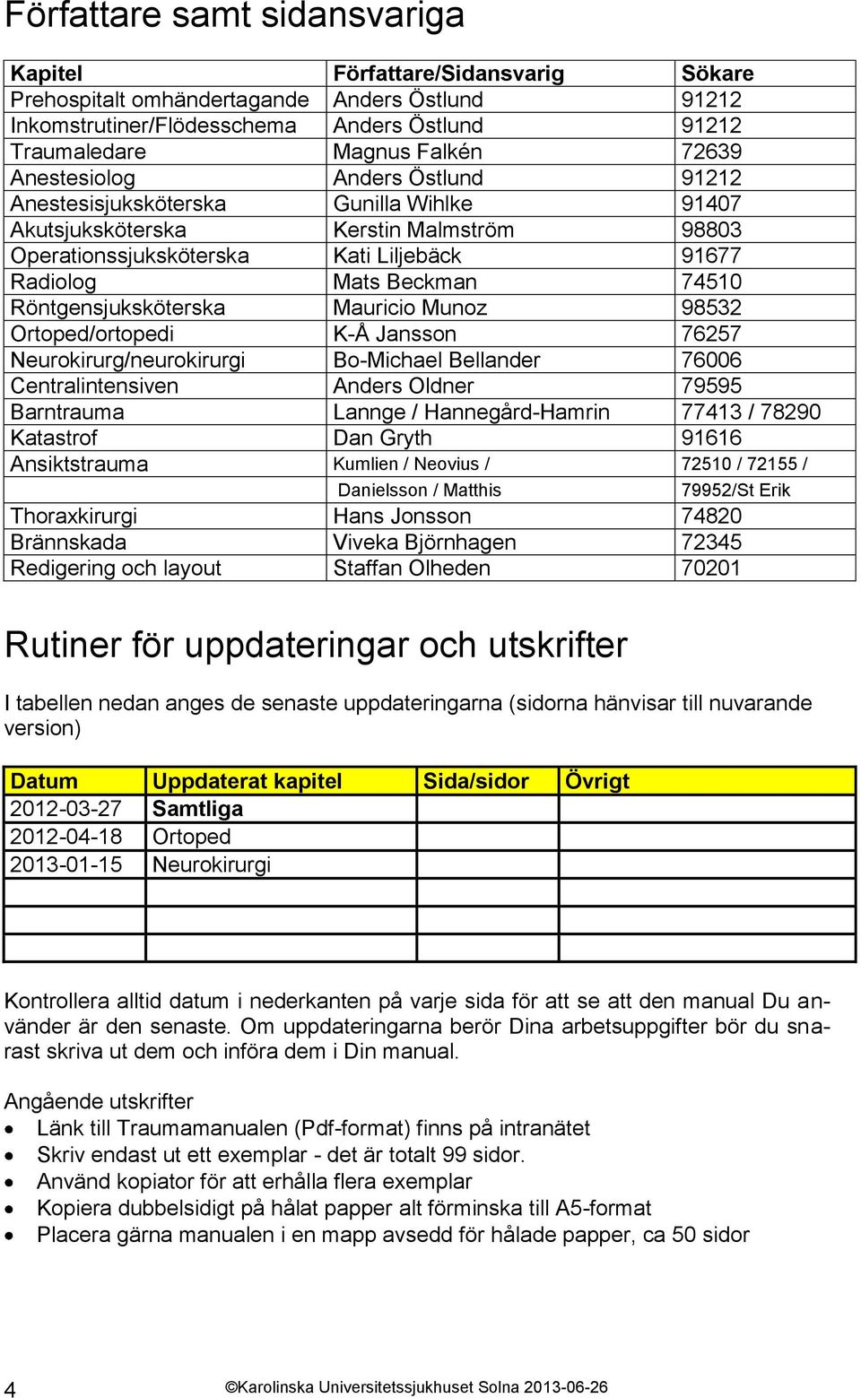 Röntgensjuksköterska Mauricio Munoz 98532 Ortoped/ortopedi K-Å Jansson 76257 Neurokirurg/neurokirurgi Bo-Michael Bellander 76006 Centralintensiven Anders Oldner 79595 Barntrauma Lannge /