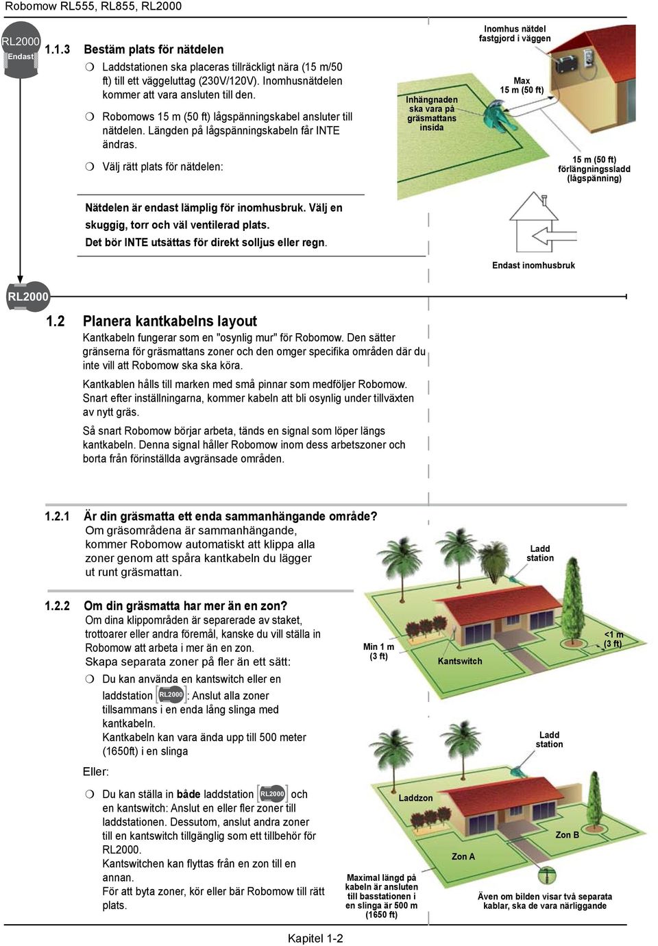 Välj rätt plats för nätdelen: Inhängnaden ska vara på gräsmattans insida Inomhus nätdel fastgjord i väggen Max 15 m (50 ft) 15 m (50 ft) förlängningssladd (lågspänning) Nätdelen är endast lämplig för