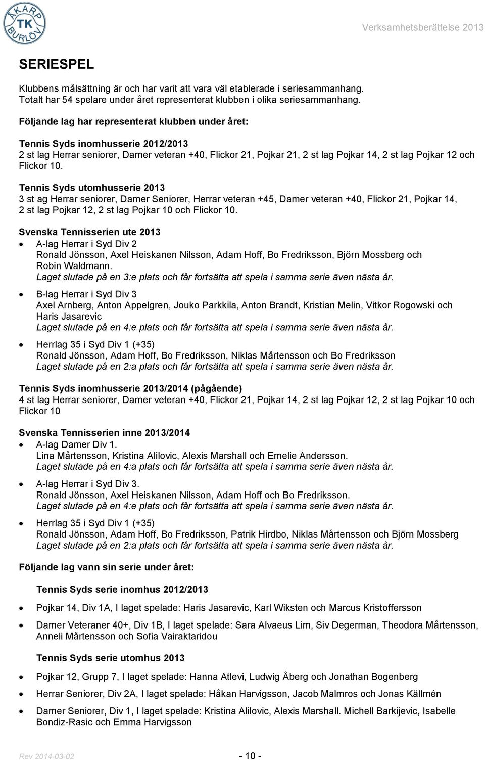 Flickor 10. Tennis Syds utomhusserie 2013 3 st ag Herrar seniorer, Damer Seniorer, Herrar veteran +45, Damer veteran +40, Flickor 21, Pojkar 14, 2 st lag Pojkar 12, 2 st lag Pojkar 10 och Flickor 10.
