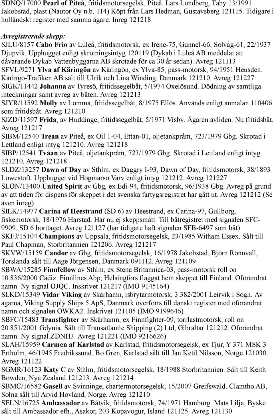 Upphugget enligt skrotningsintyg 120119 (Dykab i Luleå AB meddelat att dåvarande Dykab Vattenbyggarna AB skrotade för ca 30 år sedan).