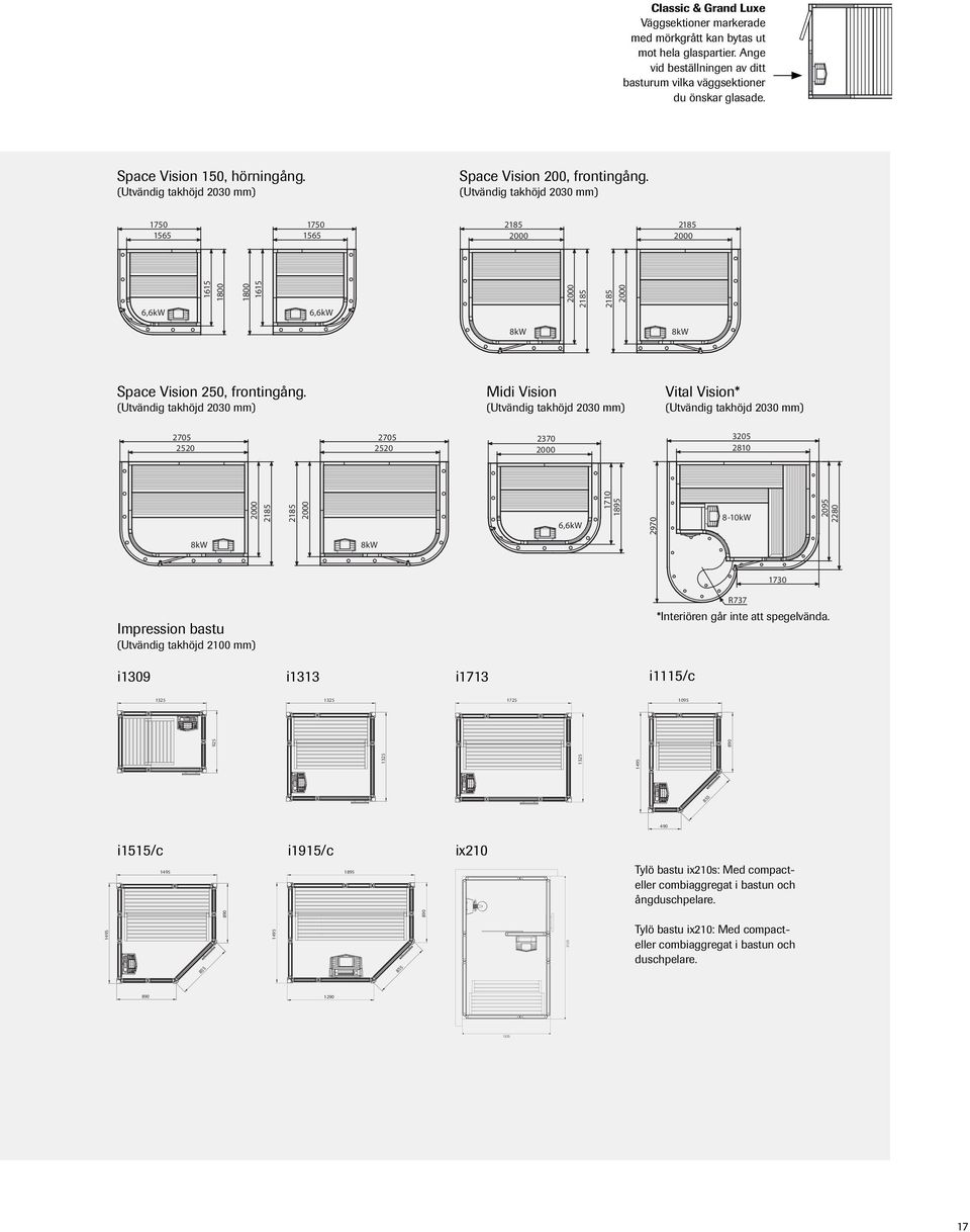 (Utvändig takhöjd 2030 mm) 1750 1565 1750 1565 2185 2000 2185 2000 6,6kW 1615 1800 1800 1615 6,6kW 2000 2185 2185 2000 8kW 8kW Space Vision 250, frontingång.