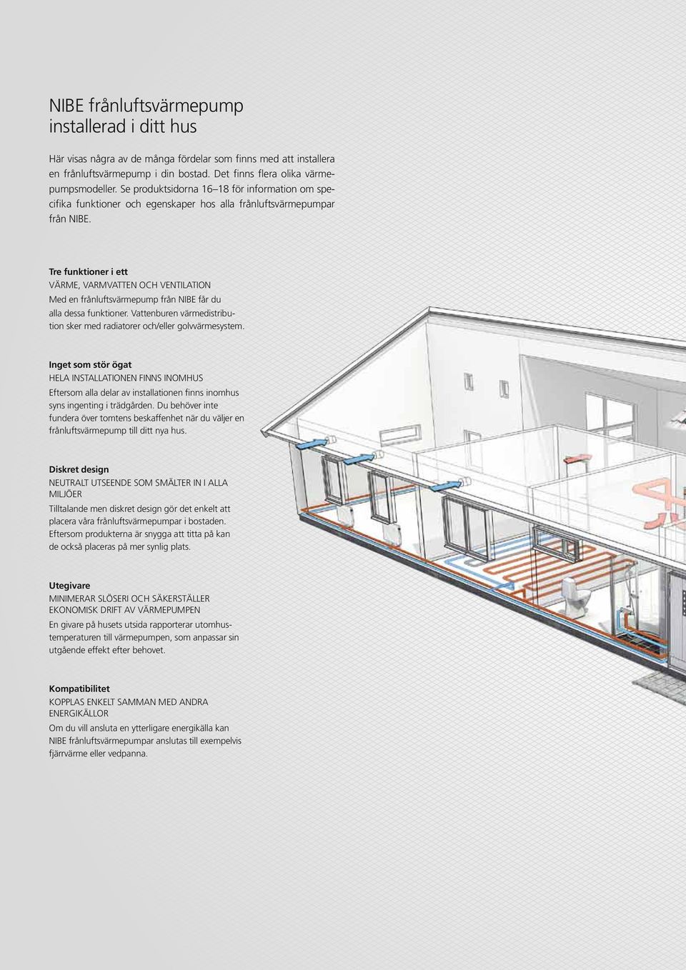 Tre funktioner i ett Värme, VARMVATTEN och ventilation Med en frånluftsvärmepump från NIBE får du alla dessa funktioner. Vattenburen värmedistribution sker med radiatorer och/eller golvvärmesystem.