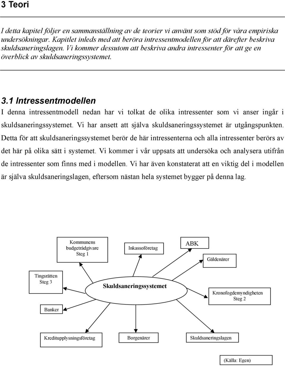 3.1 Intressentmodellen I denna intressentmodell nedan har vi tolkat de olika intressenter som vi anser ingår i skuldsaneringssystemet.