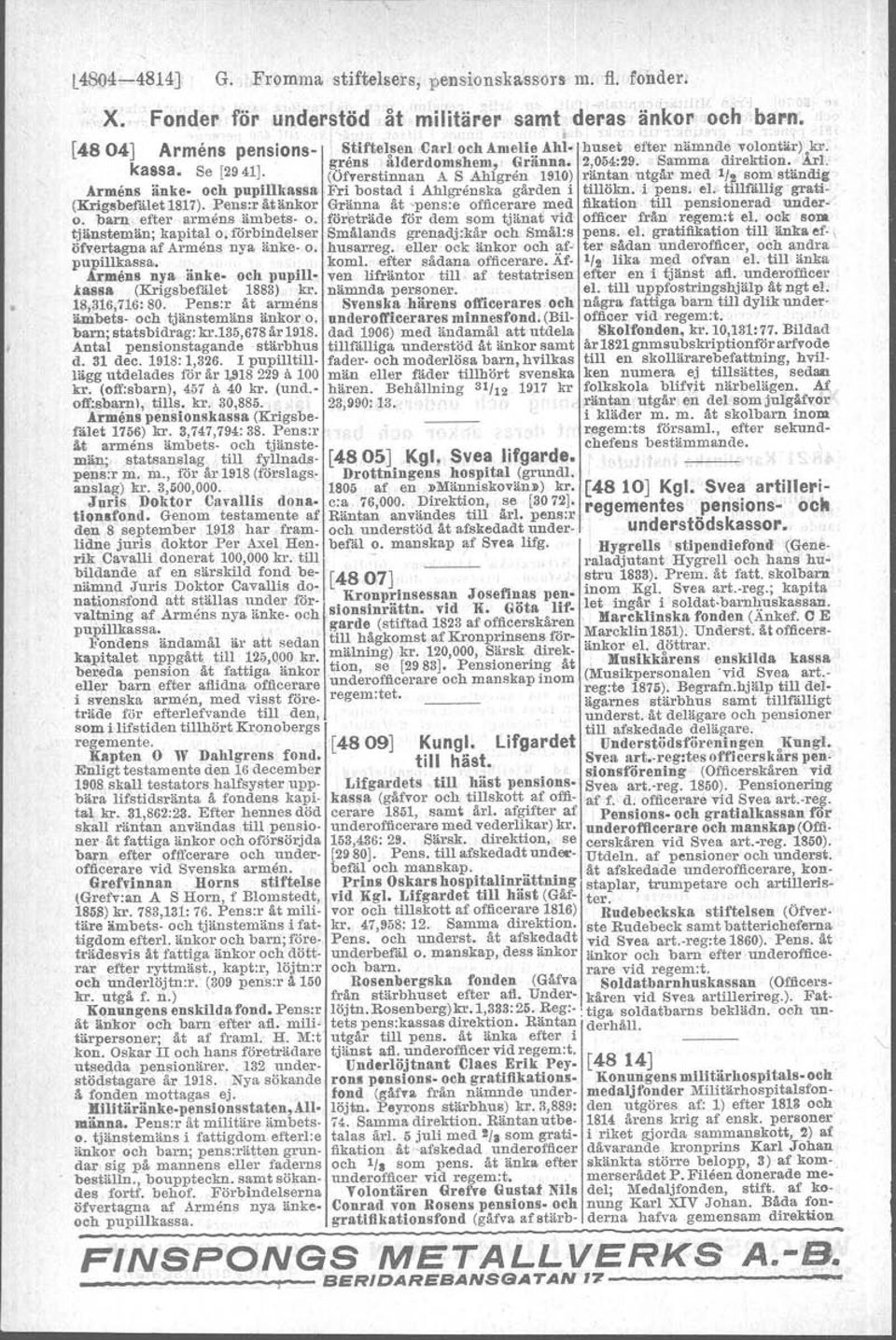 tass8 (Krigsbefalet 1883) kr. 18,316,716:80. Pensir åt armens ämbets och tjänstemäns änkor o. barn; statsbidrag: kr.135,678år1918. Antal pensionstagande stärbhus d. 31 dec. 1918:1,326.