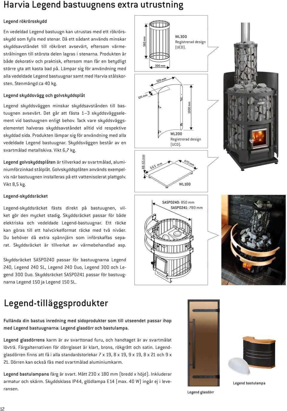 Produkten lämpar sig för användning med alla vedeldade Legend bastuugnar. Skyddsväggen består av en svartmålad metallskiva. Vikt,7 kg.