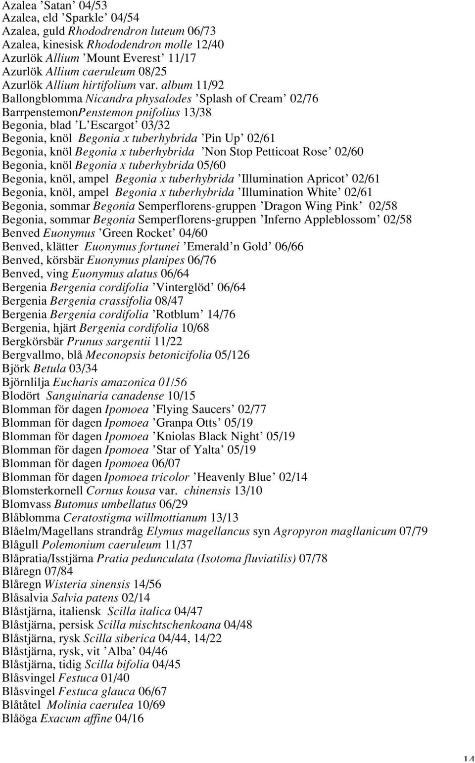 album 11/92 Ballongblomma Nicandra physalodes Splash of Cream 02/76 BarrpenstemonPenstemon pnifolius 13/38 Begonia, blad L Escargot 03/32 Begonia, knöl Begonia x tuberhybrida Pin Up 02/61 Begonia,