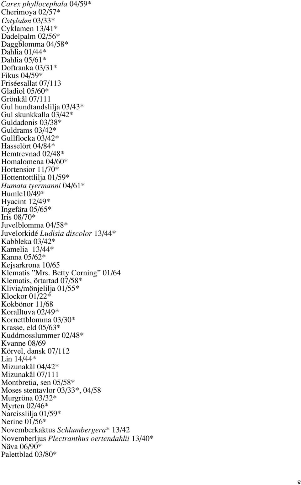 Hottentottlilja 01/59* Humata tyermanni 04/61* Humle10/49* Hyacint 12/49* Ingefära 05/65* Iris 08/70* Juvelblomma 04/58* Juvelorkidé Ludisia discolor 13/44* Kabbleka 03/42* Kamelia 13/44* Kanna