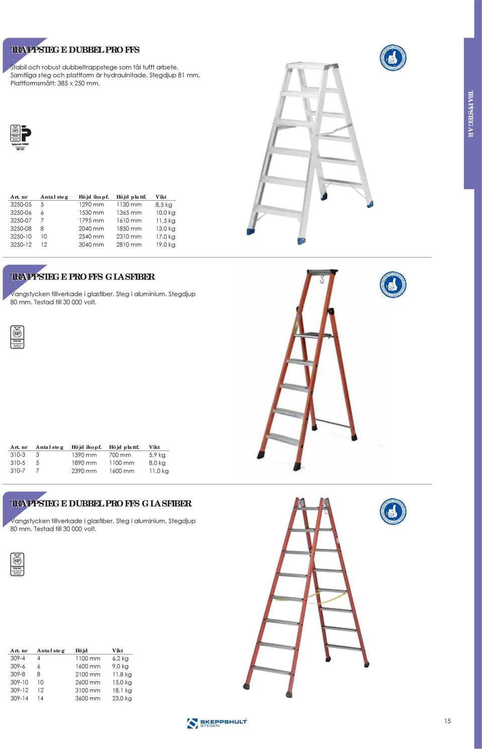 1130 mm 1365 mm 1610 mm 1850 mm 2310 mm 2810 mm 8,5 kg 10,0 kg 11,5 kg 13,0 kg 17,0 kg 19,0 kg TRAPPSTEGE PROFFS GLASFIBER Vangstycken tillverkade i glas ber. Steg i aluminium. Stegdjup 80 mm.