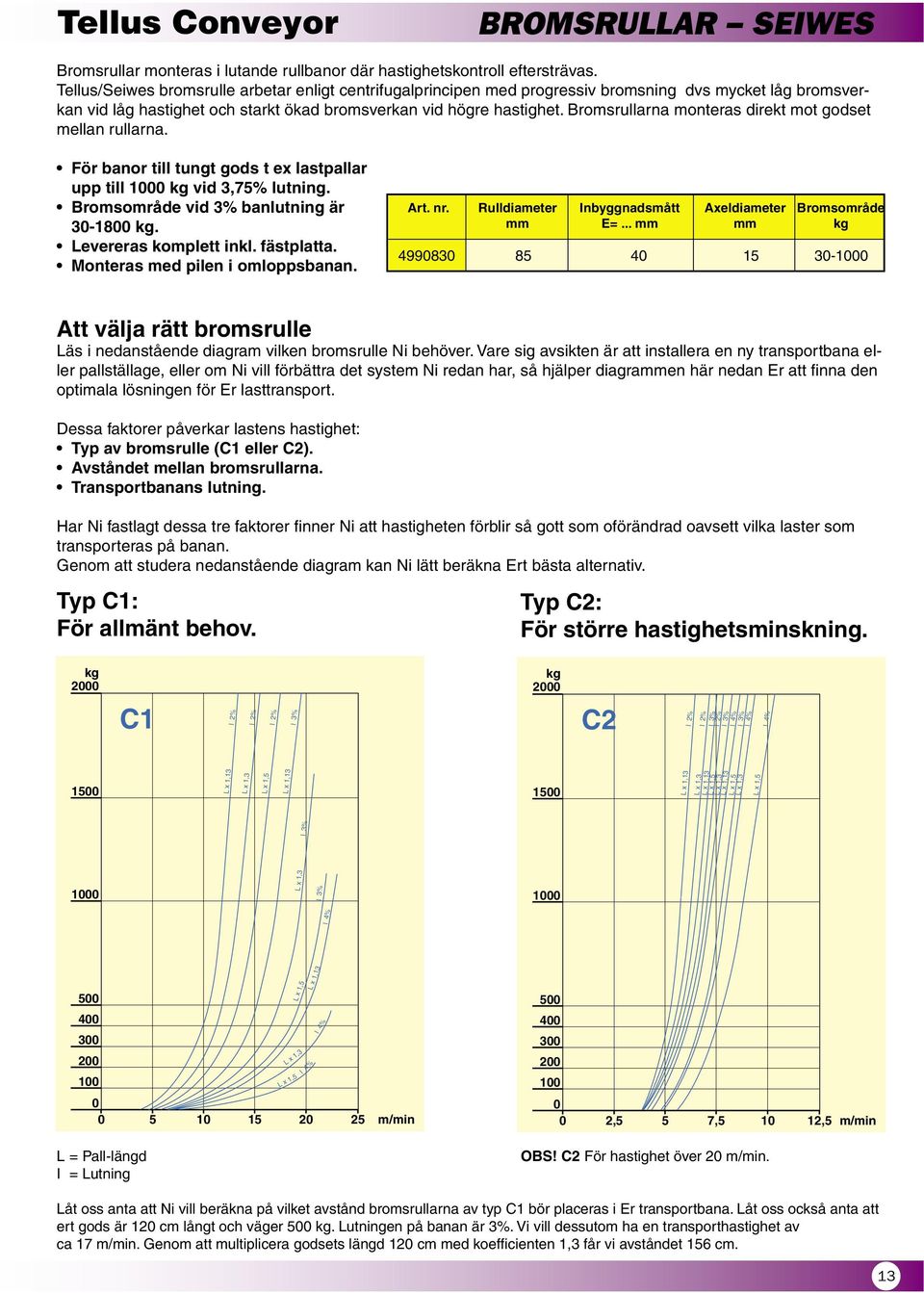 Bromsrullarna monteras direkt mot godset mellan rullarna. För banor till tungt gods t ex lastpallar upp till 1000 kg vid 3,75% lutning. Bromsområde vid 3% banlutning är 30-1800 kg.