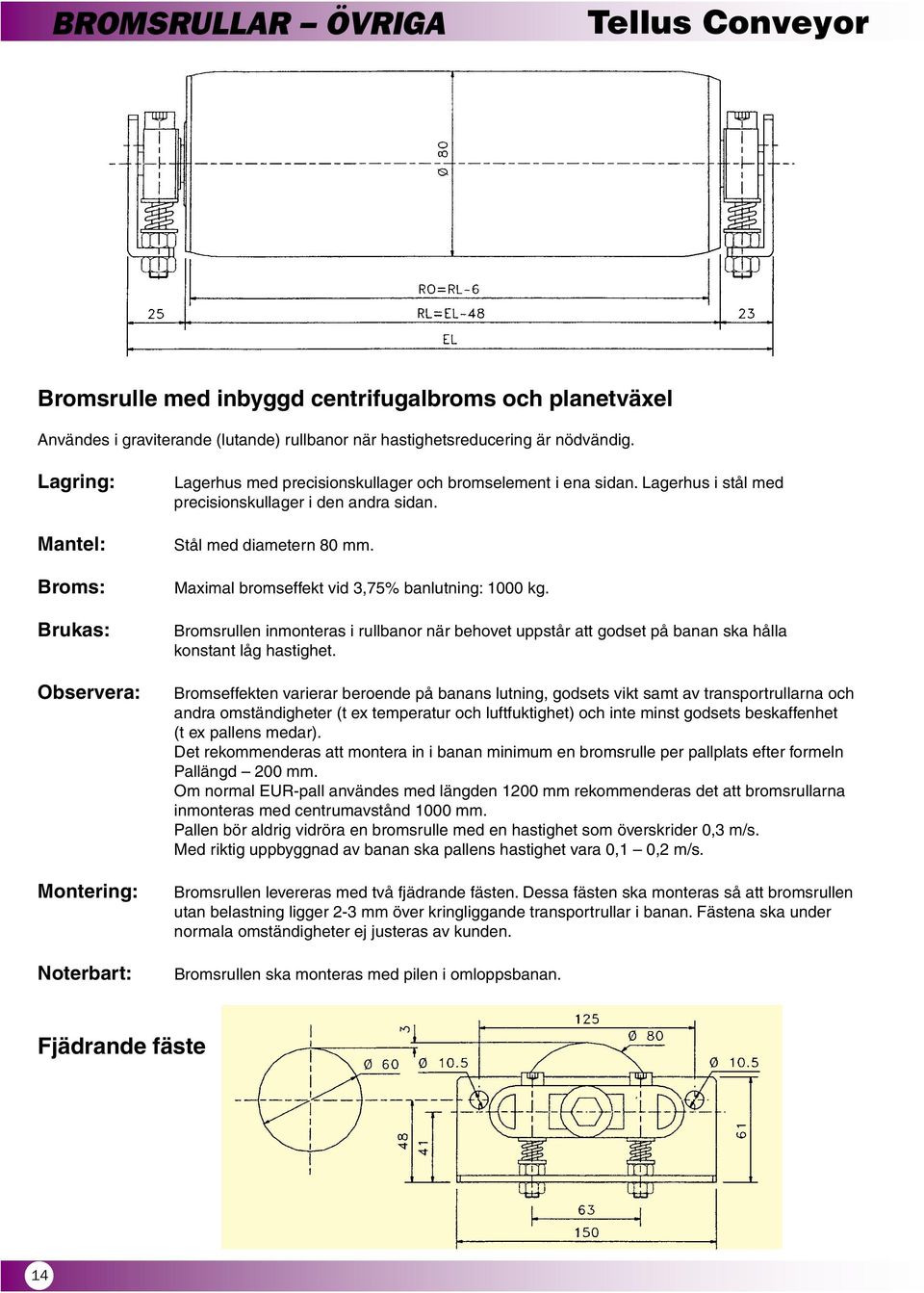 Stål med diametern 80. Maximal bromseffekt vid 3,75% banlutning: 1000 kg. Bromsrullen inmonteras i rullbanor när behovet uppstår att godset på banan ska hålla konstant låg hastighet.