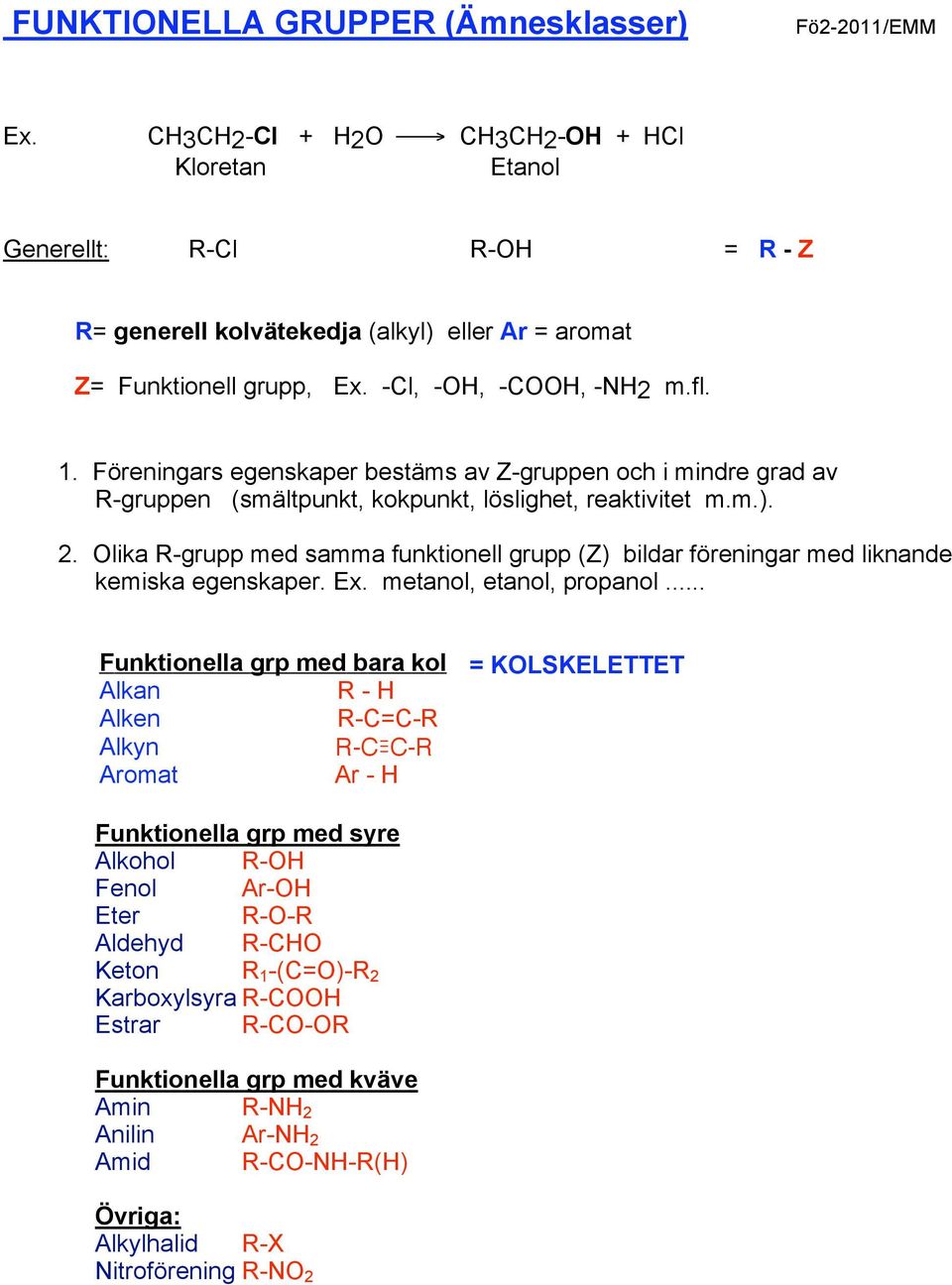 lika -grupp med samma funktionell grupp (Z) bildar föreningar med liknande kemiska egenskaper. Ex. metanol, etanol, propanol... Funktionella grp med bara kol Alkan! - Alken! -=- Alkyn!