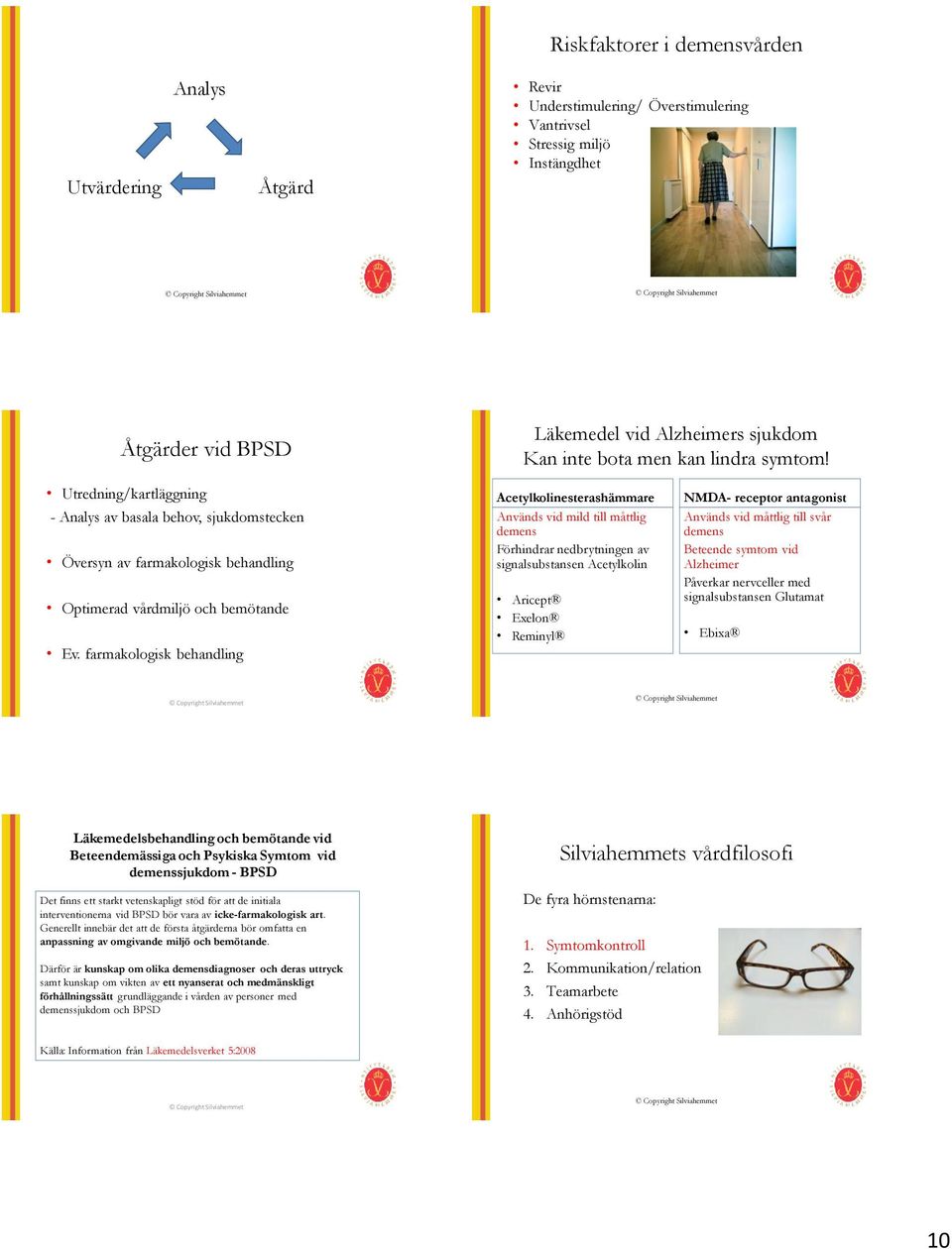 farmakologisk behandling Acetylkolinesterashämmare Används vid mild till måttlig demens Förhindrar nedbrytningen av signalsubstansen Acetylkolin Aricept Exelon Reminyl NMDA- receptor antagonist