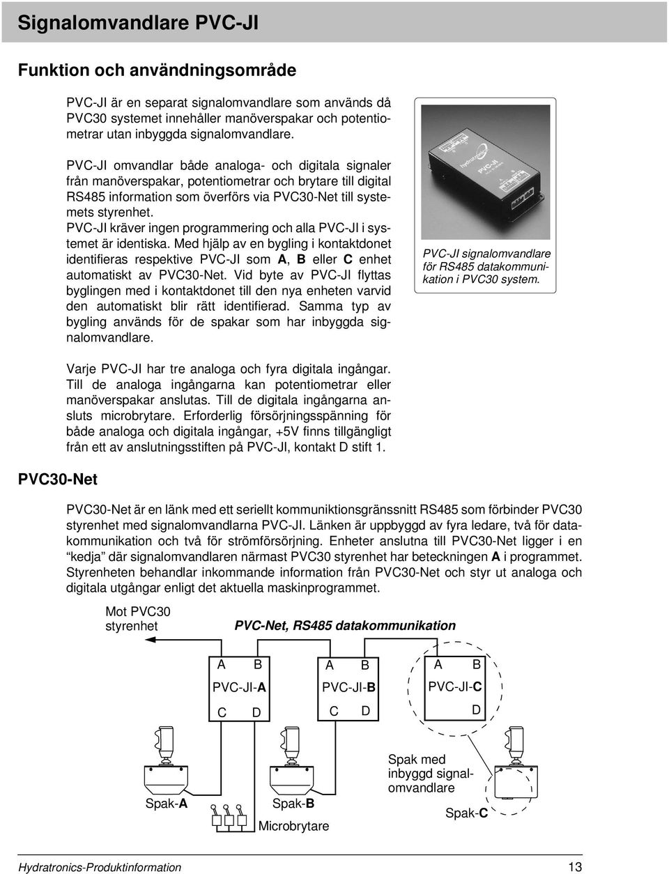 PVC-JI kräver ingen programmering och alla PVC-JI i systemet är identiska. Med hjälp av en bygling i kontaktdonet identifieras respektive PVC-JI som A, B eller C enhet automatiskt av PVC30-Net.