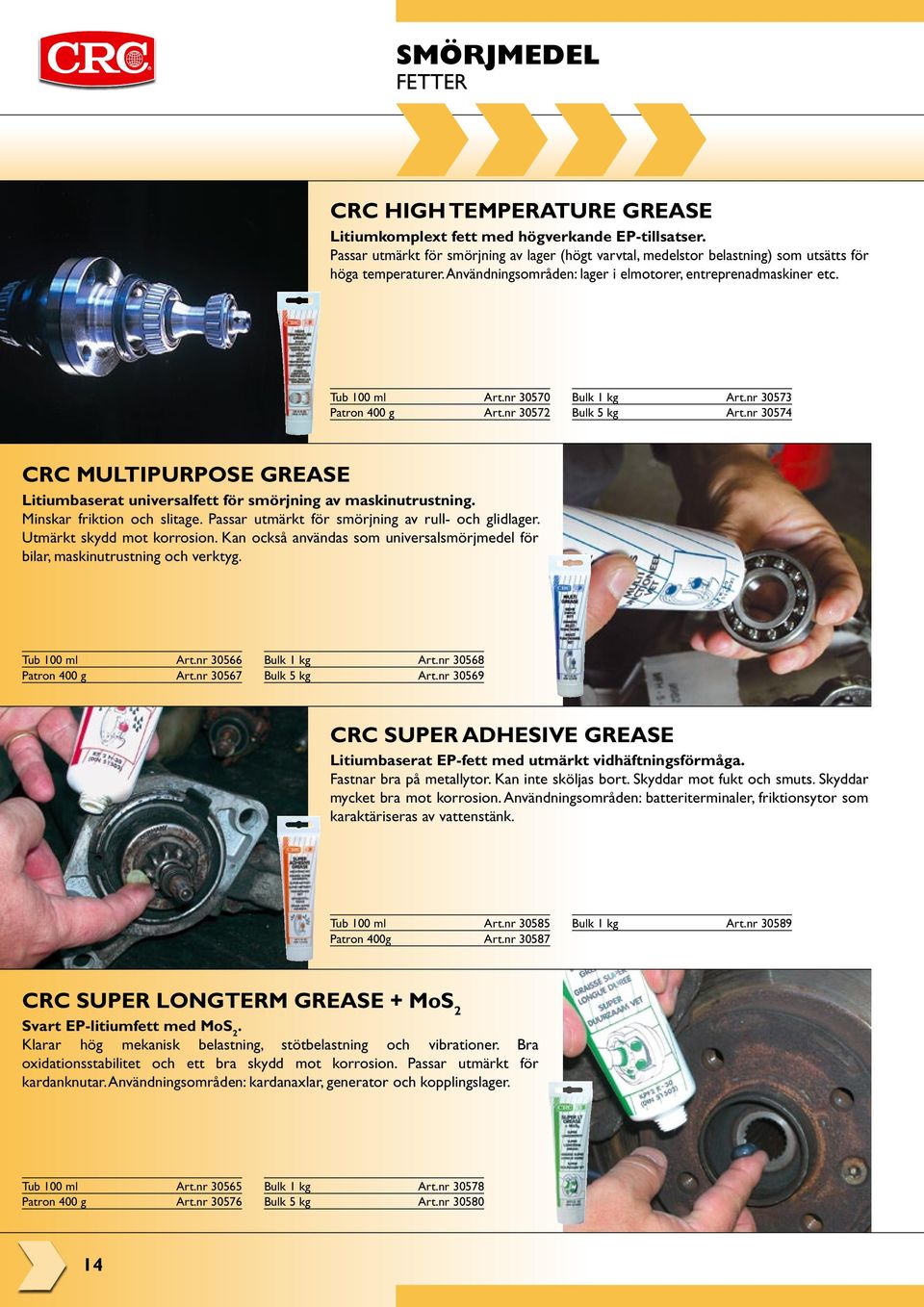 nr 30570 Patron 400 g Art.nr 30572 Bulk 1 kg Art.nr 30573 Bulk 5 kg Art.nr 30574 CRC MULTIPURPOSE GREASE Litiumbaserat universalfett för smörjning av maskinutrustning. Minskar friktion och slitage.
