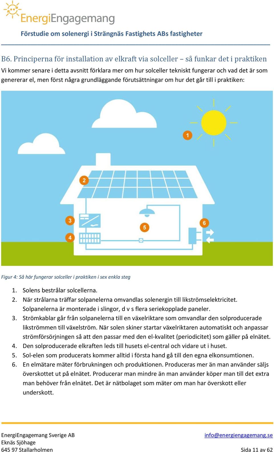 När strålarna träffar solpanelerna omvandlas solenergin till likströmselektricitet. Solpanelerna är monterade i slingor, d v s flera seriekopplade paneler. 3.