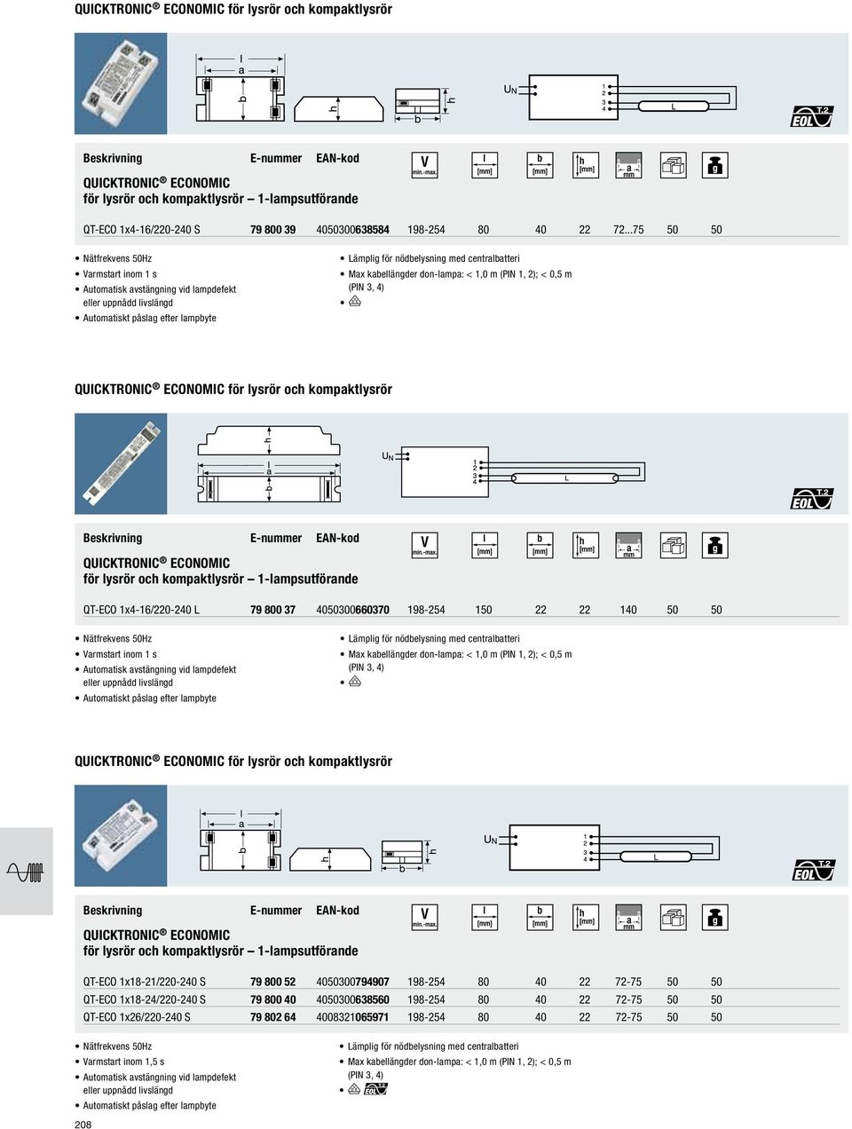 2); < 0,5 m (PIN 3, 4) QUICKTRONIC ECONOMIC för lysrör och kompaktlysrör QUICKTRONIC ECONOMIC för lysrör och kompaktlysrör 1-lampsutförande QT-ECO 1x4-16/220-240 L 79 800 37 4050300660370 198-254 150