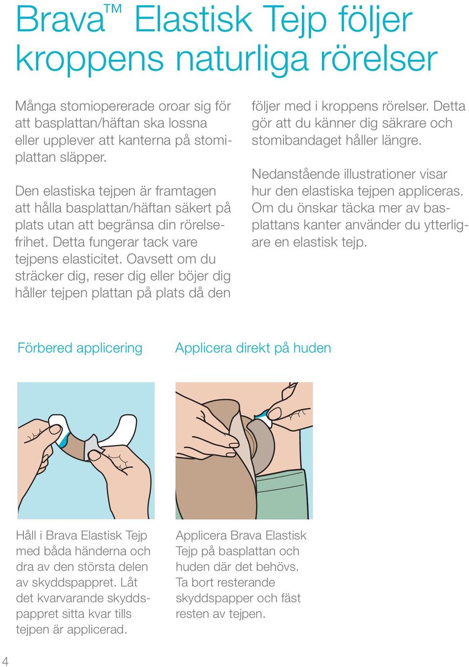 Oavsett om du sträcker dig, reser dig eller böjer dig håller tejpen plattan på plats då den följer med i kroppens rörelser. Detta gör att du känner dig säkrare och stomibandaget håller längre.