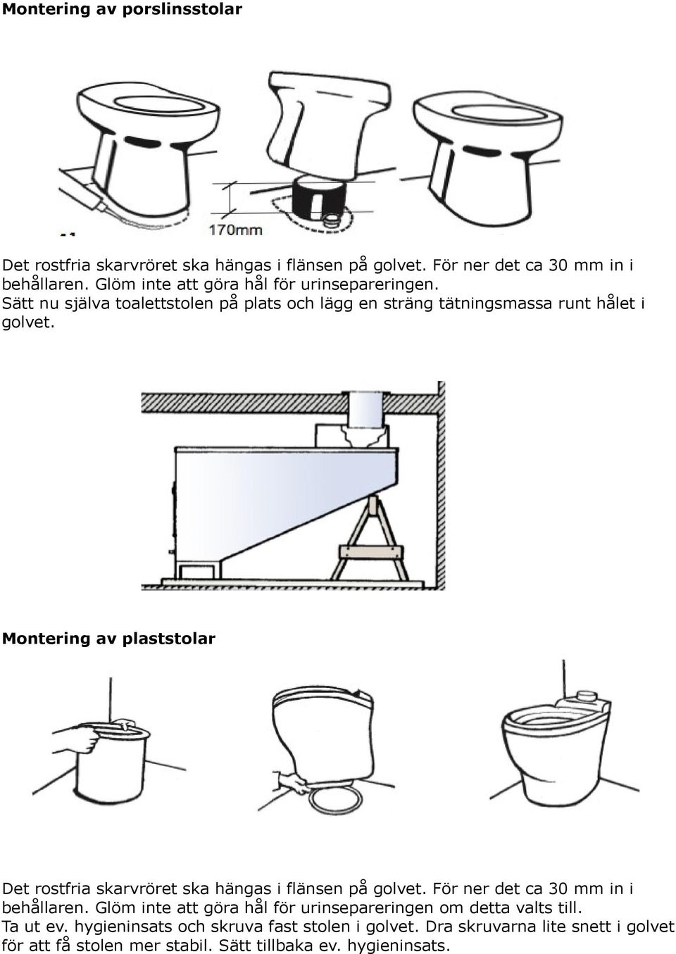 Montering av plaststolar Det rostfria skarvröret ska hängas i flänsen på golvet. För ner det ca 30 mm in i behållaren.