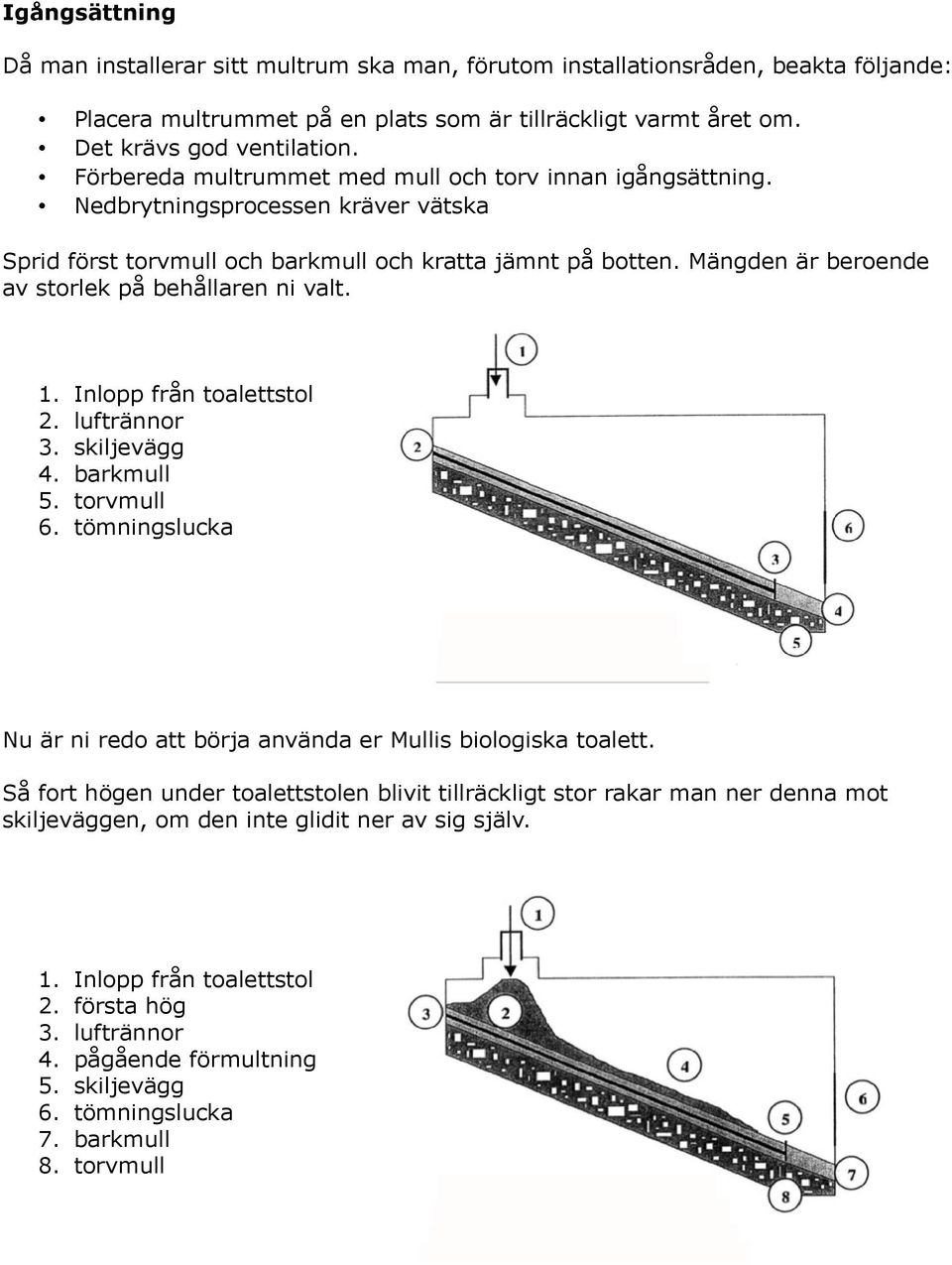 Mängden är beroende av storlek på behållaren ni valt. 1. Inlopp från toalettstol 2. luftrännor 3. skiljevägg 4. barkmull 5. torvmull 6.