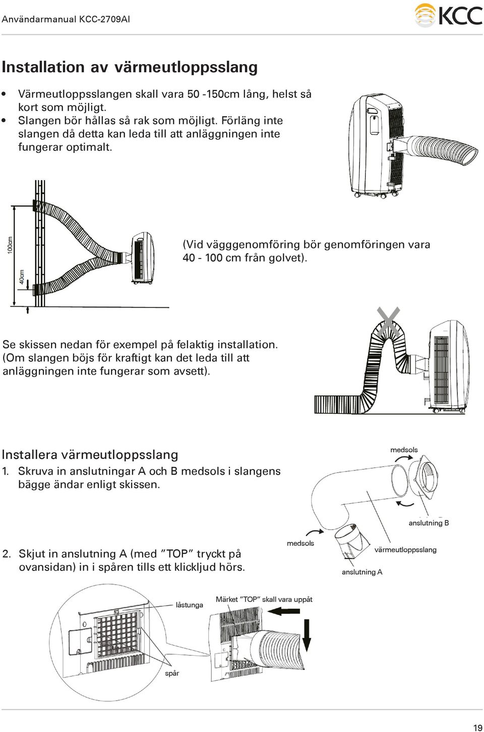 Se skissen nedan för exempel på felaktig installation. (Om slangen böjs för kraftigt kan det leda till att anläggningen inte fungerar som avsett). Installera värmeutloppsslang 1.