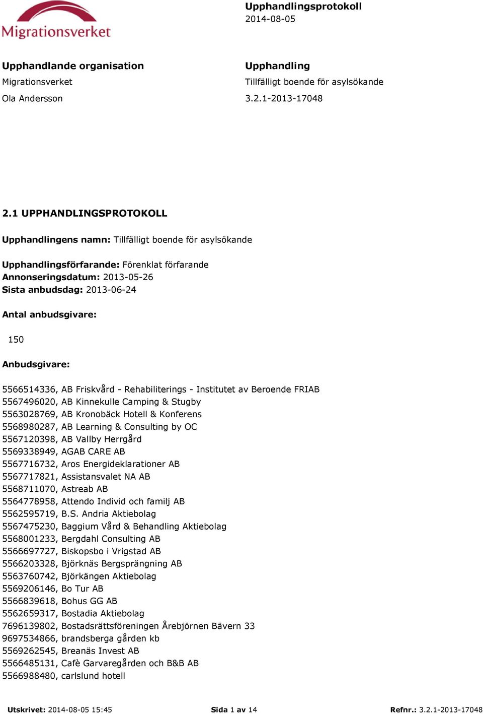 anbudsgivare: 150 Anbudsgivare: 5566514336, AB Friskvård - Rehabiliterings - Institutet av Beroende FRIAB 5567496020, AB Kinnekulle Camping & Stugby 5563028769, AB Kronobäck Hotell & Konferens