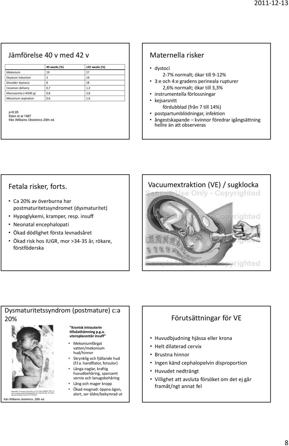 Maternella risker dystoci 2 7% normalt; ökar till 9 12% 3:e och 4:e gradens perineala rupturer 2,6% normalt; ökar till 3,3% instrumentella förlossningar kejsarsnitt fördubblad (från 7 till 14%)