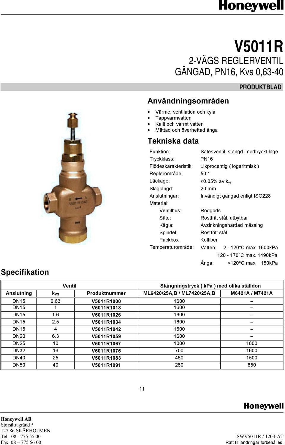 05% av k vs 20 mm Anslutningar: Invändigt gängad enligt ISO228 Material: Ventilhus: Rödgods Säte: Rostfritt stål, utbytbar Kägla: Avzinkningshärdad mässing Spindel: Rostfritt stål Packbox: Kolfiber