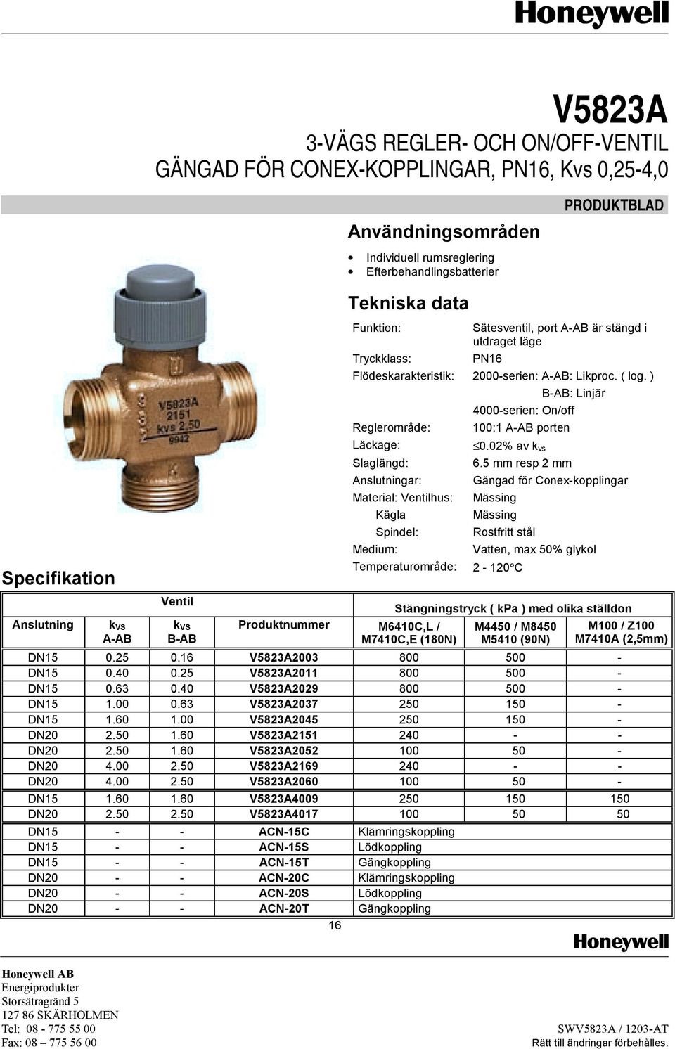 ) B-AB: Linjär 4000-serien: On/off Reglerområde: 100:1 A-AB porten Läckage: 0.02% av k vs 6.