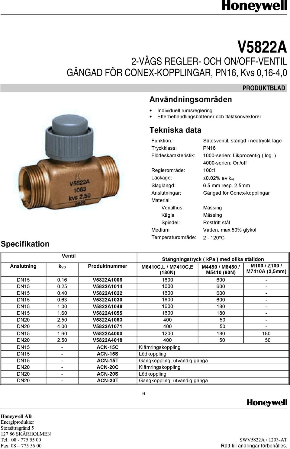 5mm Anslutningar: Gängad för Conex-kopplingar Material: Ventilhus: Mässing Kägla Mässing Spindel: Rostfritt stål Medium Vatten, max 50% glykol Temperaturområde: 2-120 C Ventil Anslutning k VS