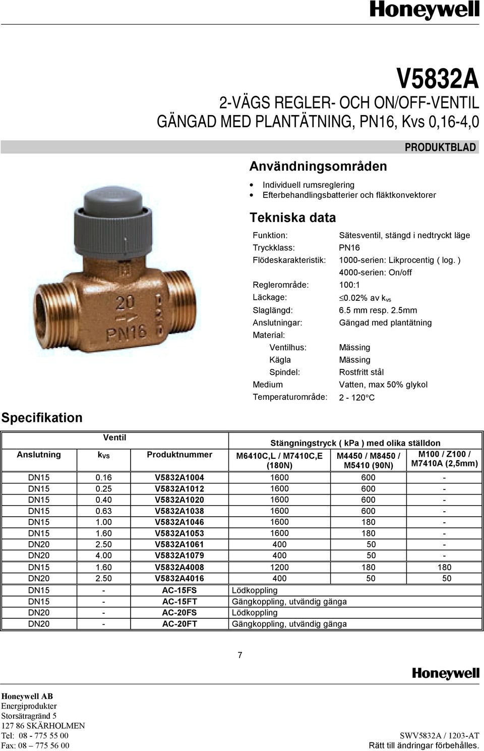 5mm Anslutningar: Gängad med plantätning Material: Ventilhus: Mässing Kägla Mässing Spindel: Rostfritt stål Medium Vatten, max 50% glykol Temperaturområde: 2-120 C Ventil Anslutning k VS